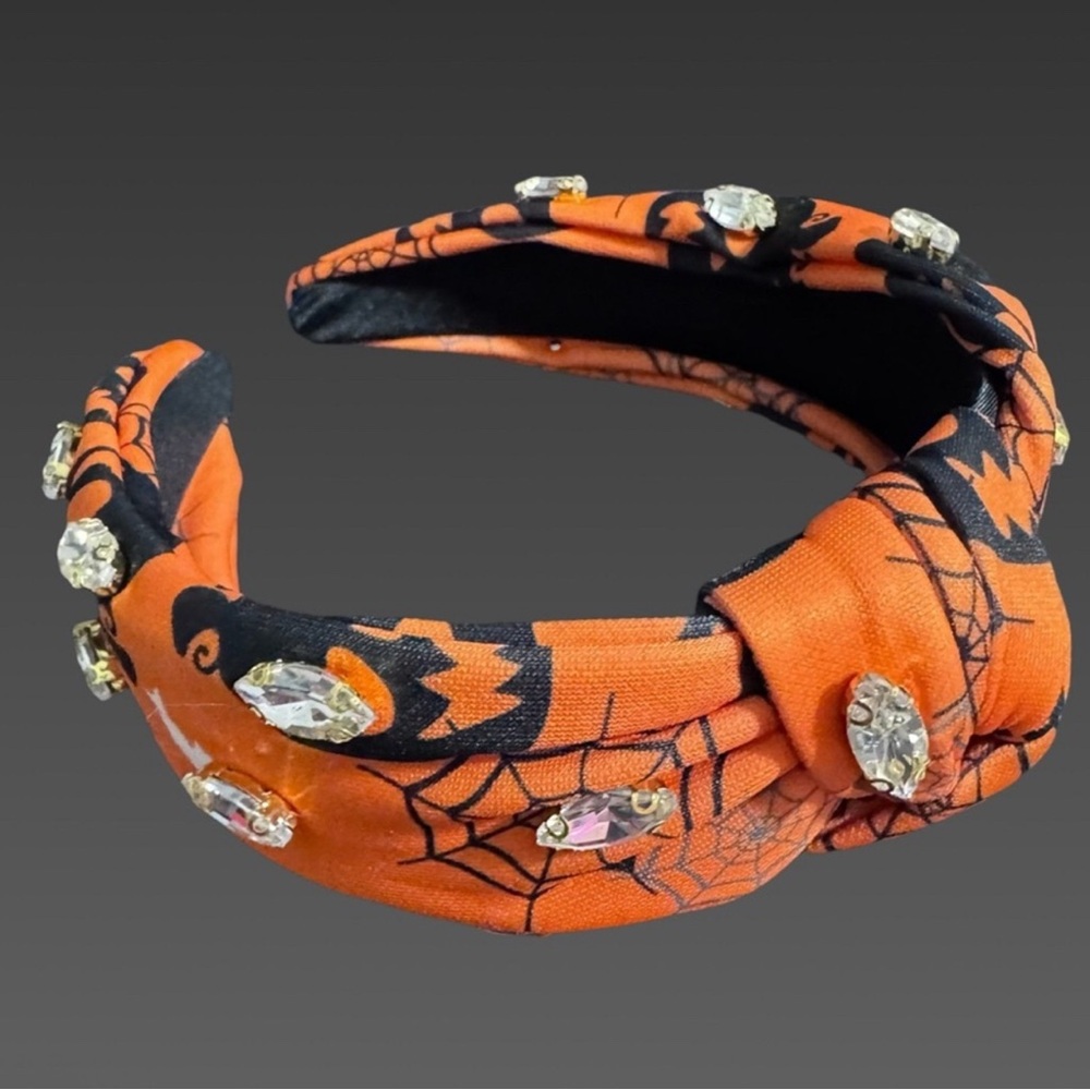NWT Halloween Jeweled Knotted Headband Orange‎ Spider Web Print